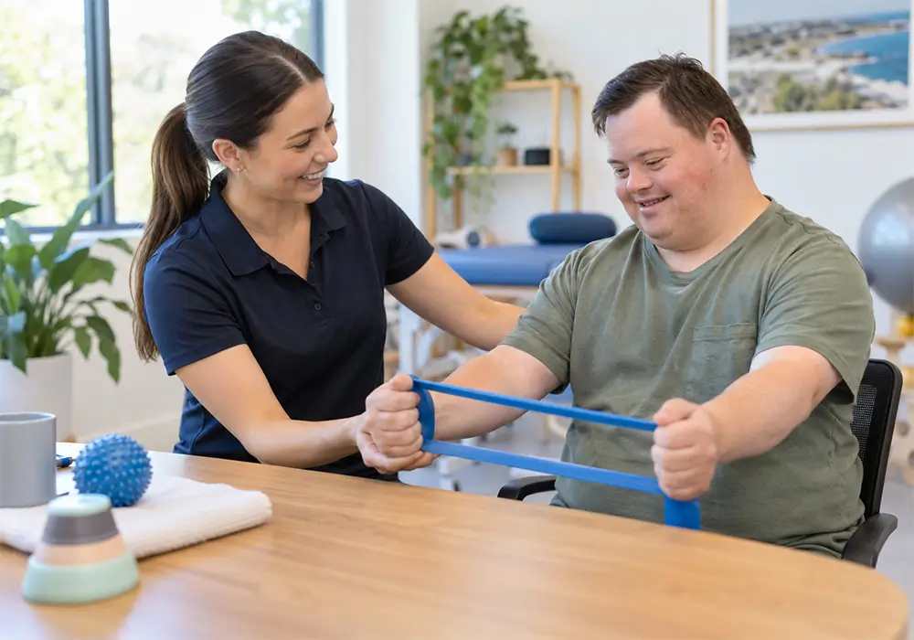 A therapist guiding a participant through a resistance band exercise