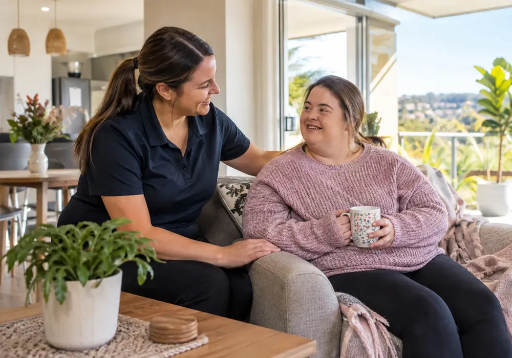 A support worker sitting with a participant holding a mug on a couch